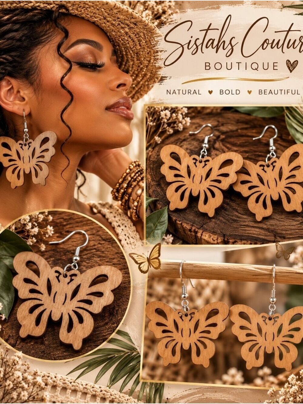 Lightweight Wood Butterfly Earrings | Natural Boho Statement Dangle Earrings
